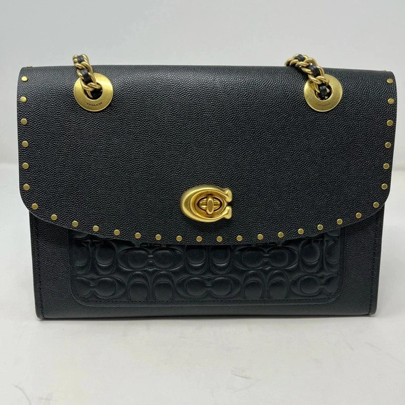 Coach Handbags - Coach Parker Mixed Media Studded Convertible Shoulder Bag Black/Gold Leather